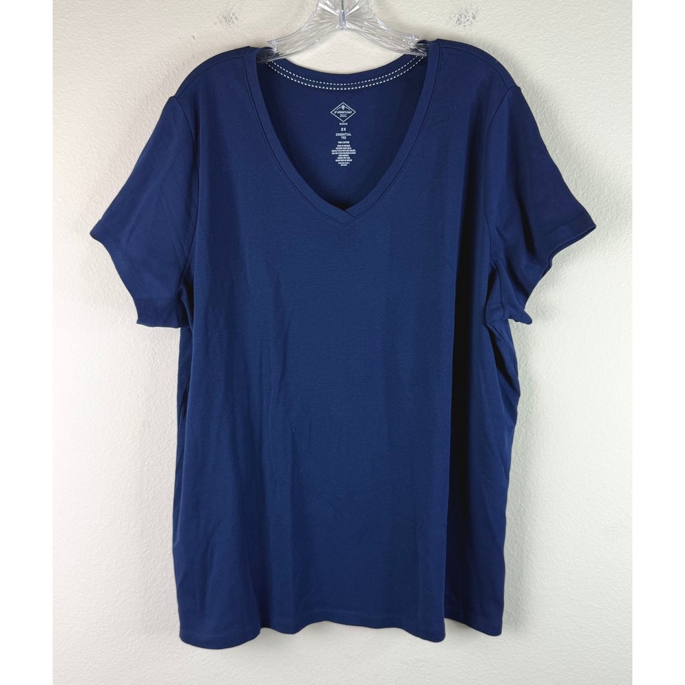 St. John's Bay T-Shirt Women 2X Essential Tee V-Neck Short Sleeve Navy Cotton
